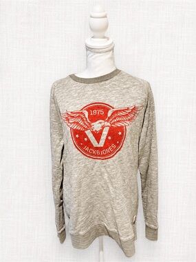 Jack and Jones Light Grey Crewneck Sweatshirt with Red Eagle Emblem